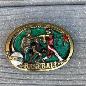 Vintage 1980’s Baseball Enamel Belt Buckle - Green, Red and Gold Sports Design